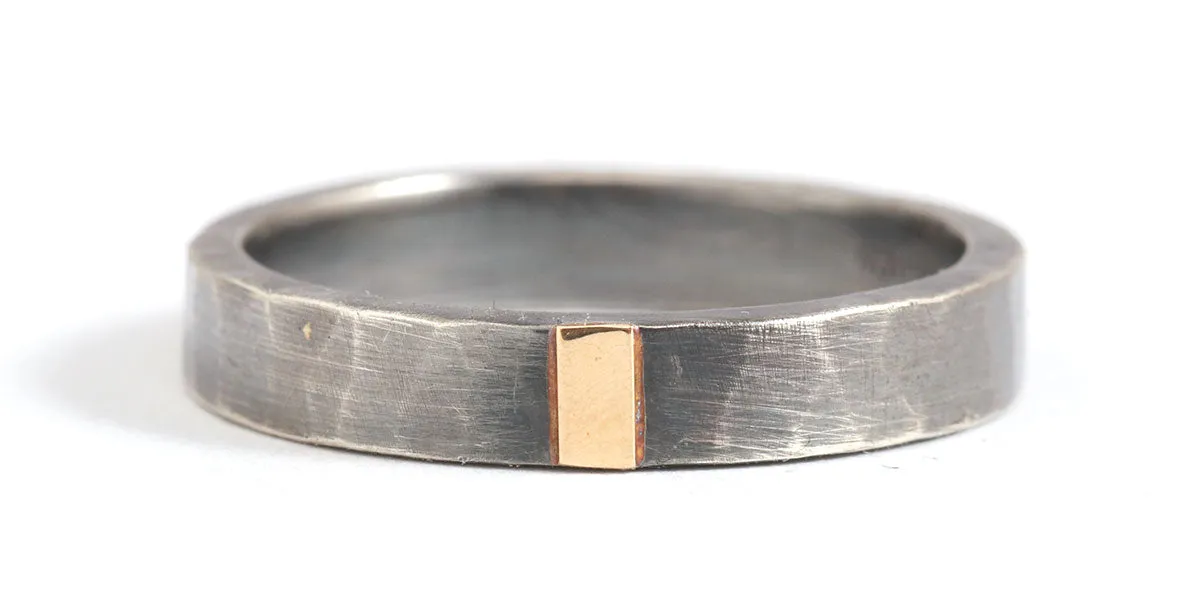 4mm Gold Stripe Hammered Oxidized Silver Band