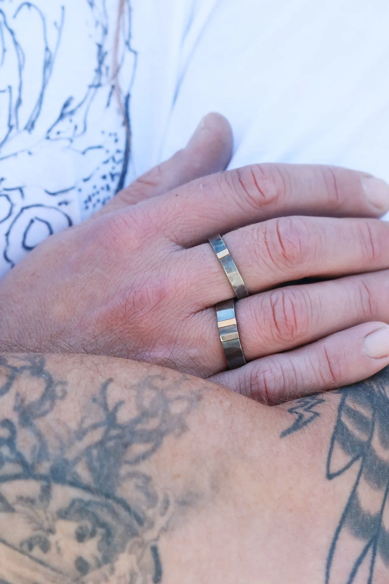 4mm Gold Stripe Hammered Oxidized Silver Band