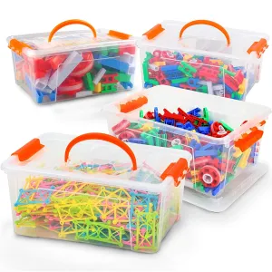 6-Quart Plastic Storage Containers with Lids (4-Pack) | Clear Transparent Box | With Orange Handle & Dual Latches | Great for Toys, Kitchen, Foods, Makeup, Arts & Crafts, and all household needs