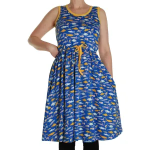 Adult's Fish - Blue Sleeveless Dress With Gathered Skirt - 2 Left Size S & 2XL
