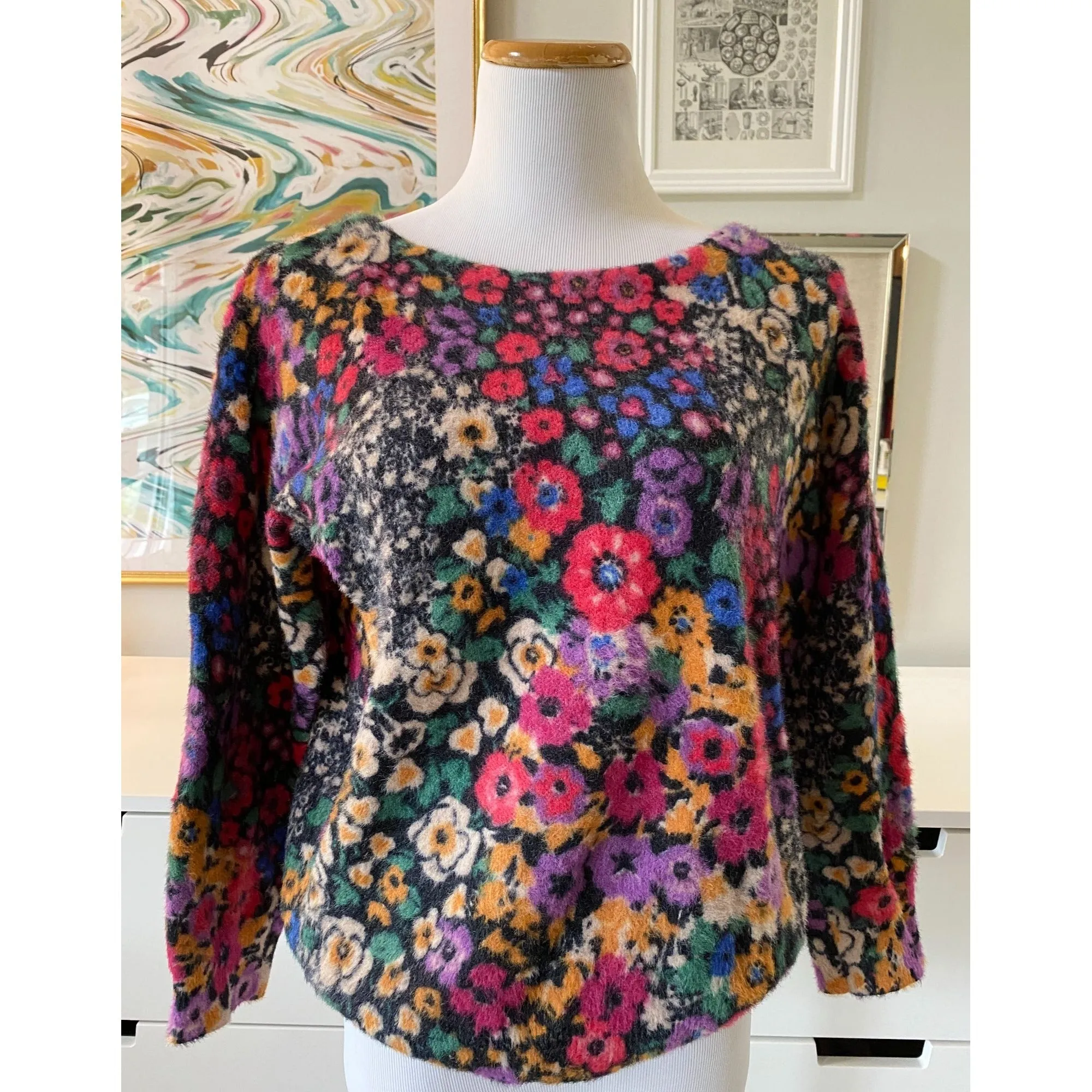 Anthropologie Bouquet Eyelash Colorful Floral Sweater
