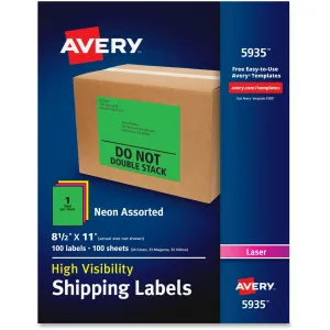Avery® High-Visibility Shipping Labels, Permanent Adhesive, Assorted Neon Colors, 8-1/2" x 11", 100 Labels (5935)