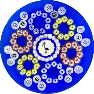 Baccarat Crystal 1977 LE Cigogne Noir Gridel Stork Murrine With Patterned Millefiori & 17 Silhouette Canes on Blue