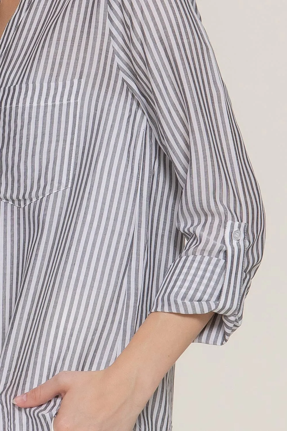 Black Long Sleeve Split Round Neck Button Down Stripe Woven Shirt