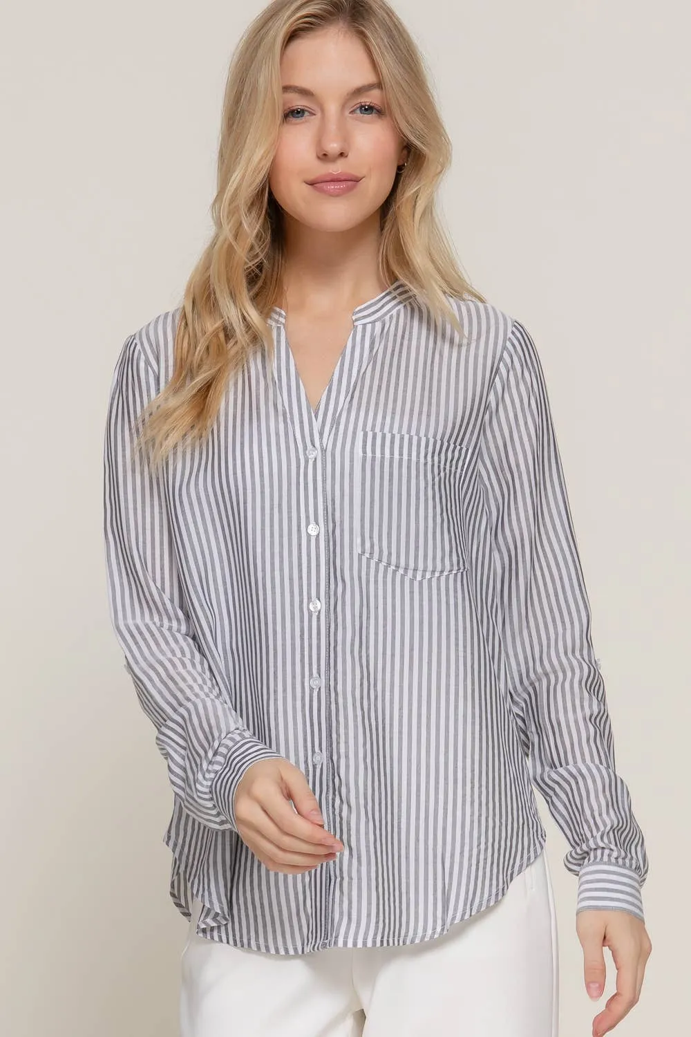 Black Long Sleeve Split Round Neck Button Down Stripe Woven Shirt