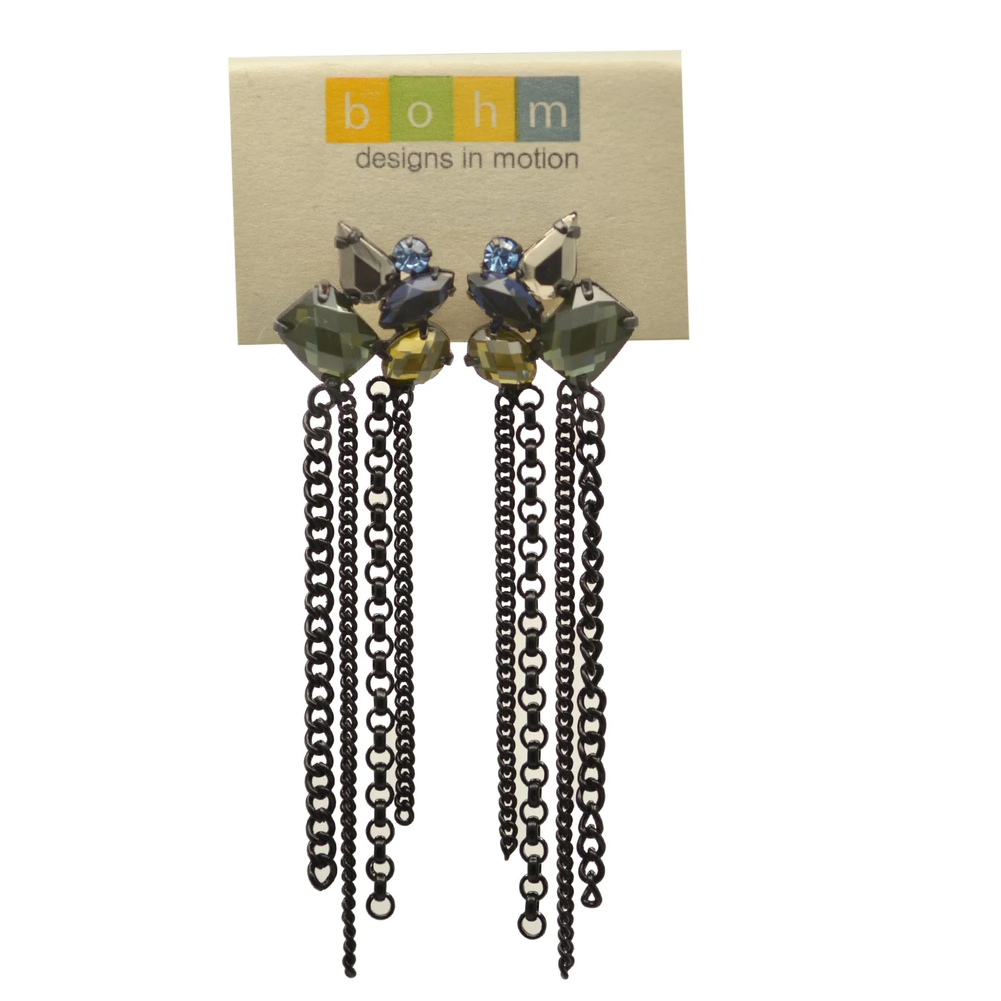 Black Metal tassel Earrings With Multi-Color Faceted Crystals #256BL3601 (7A2)