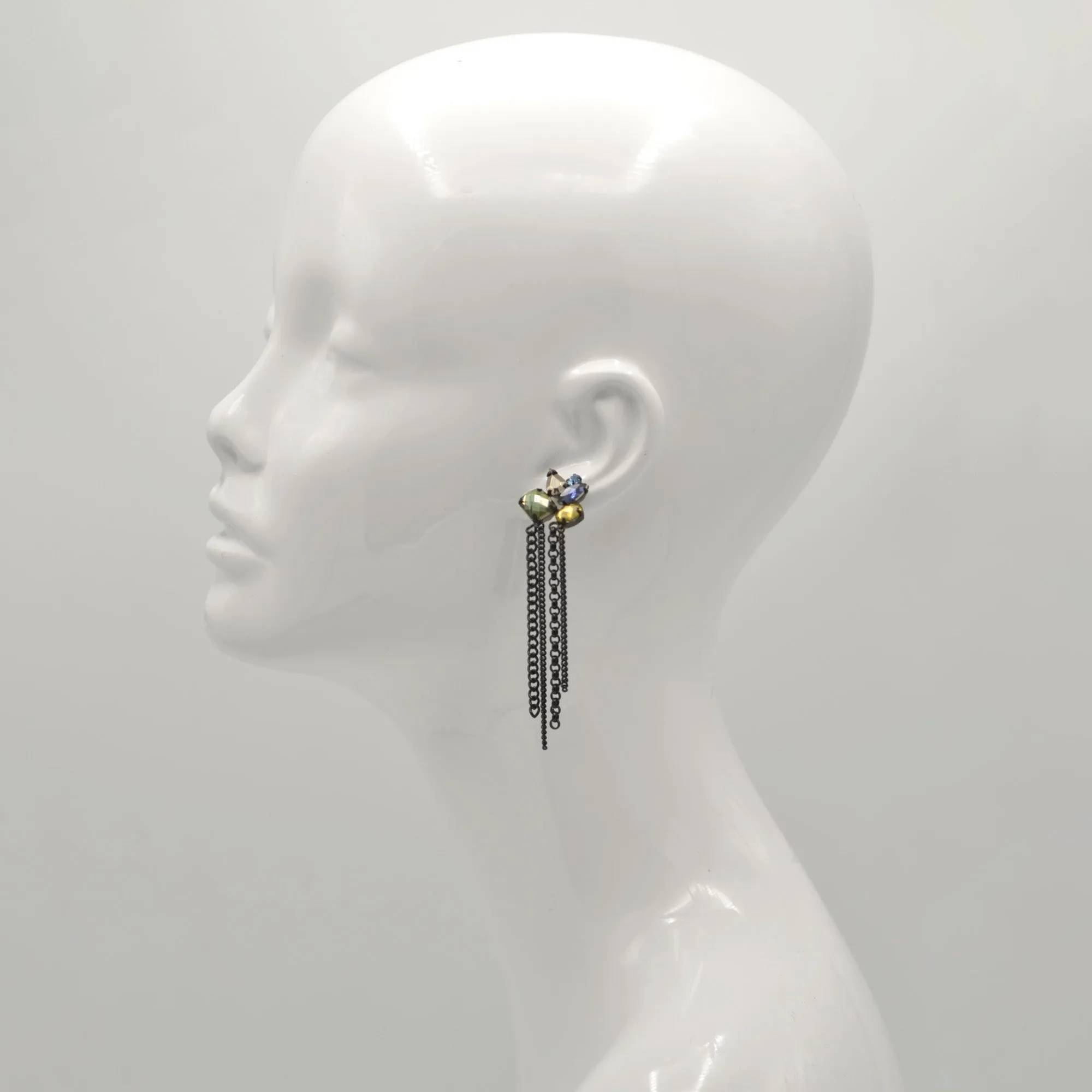 Black Metal tassel Earrings With Multi-Color Faceted Crystals #256BL3601 (7A2)