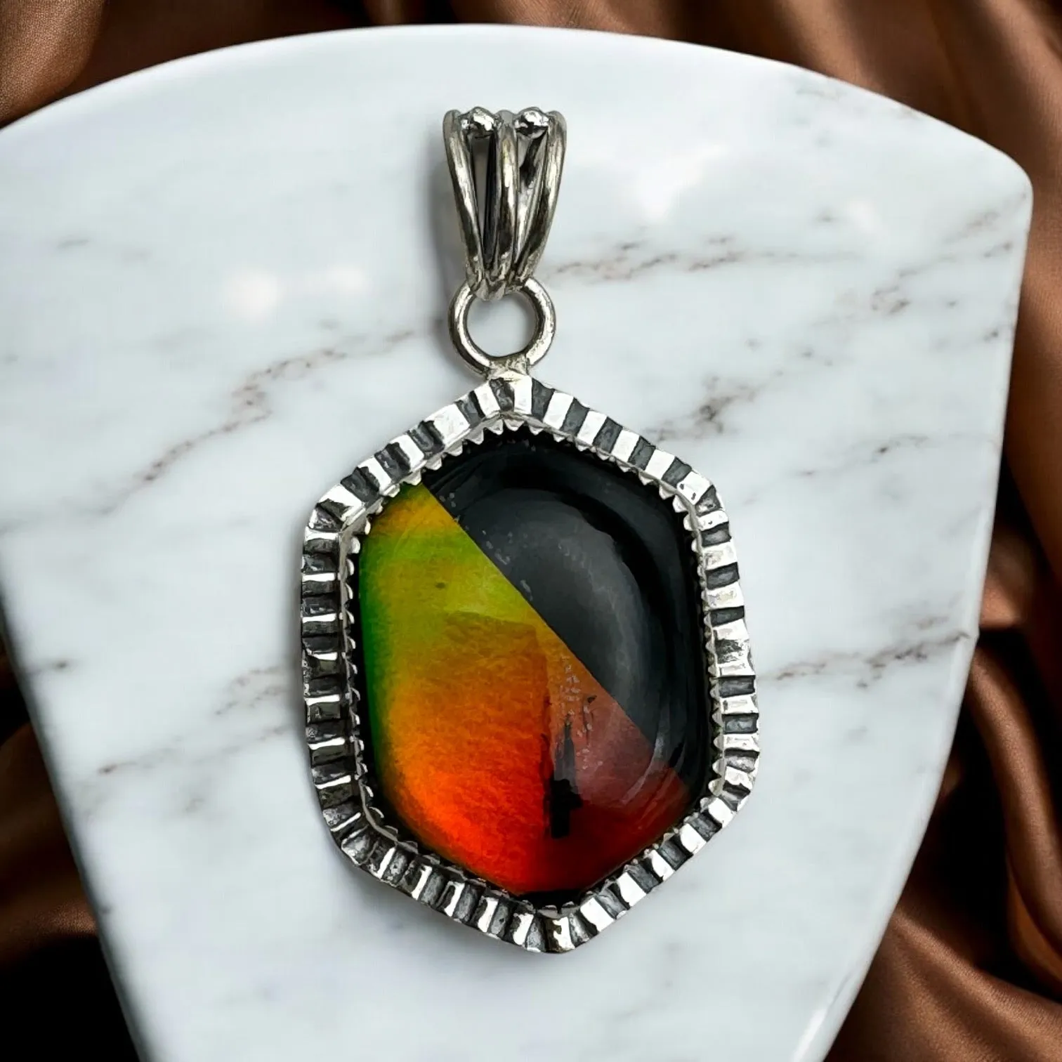 Black Onyx & Aurora Opal Solid 925 Sterling Silver Pendant