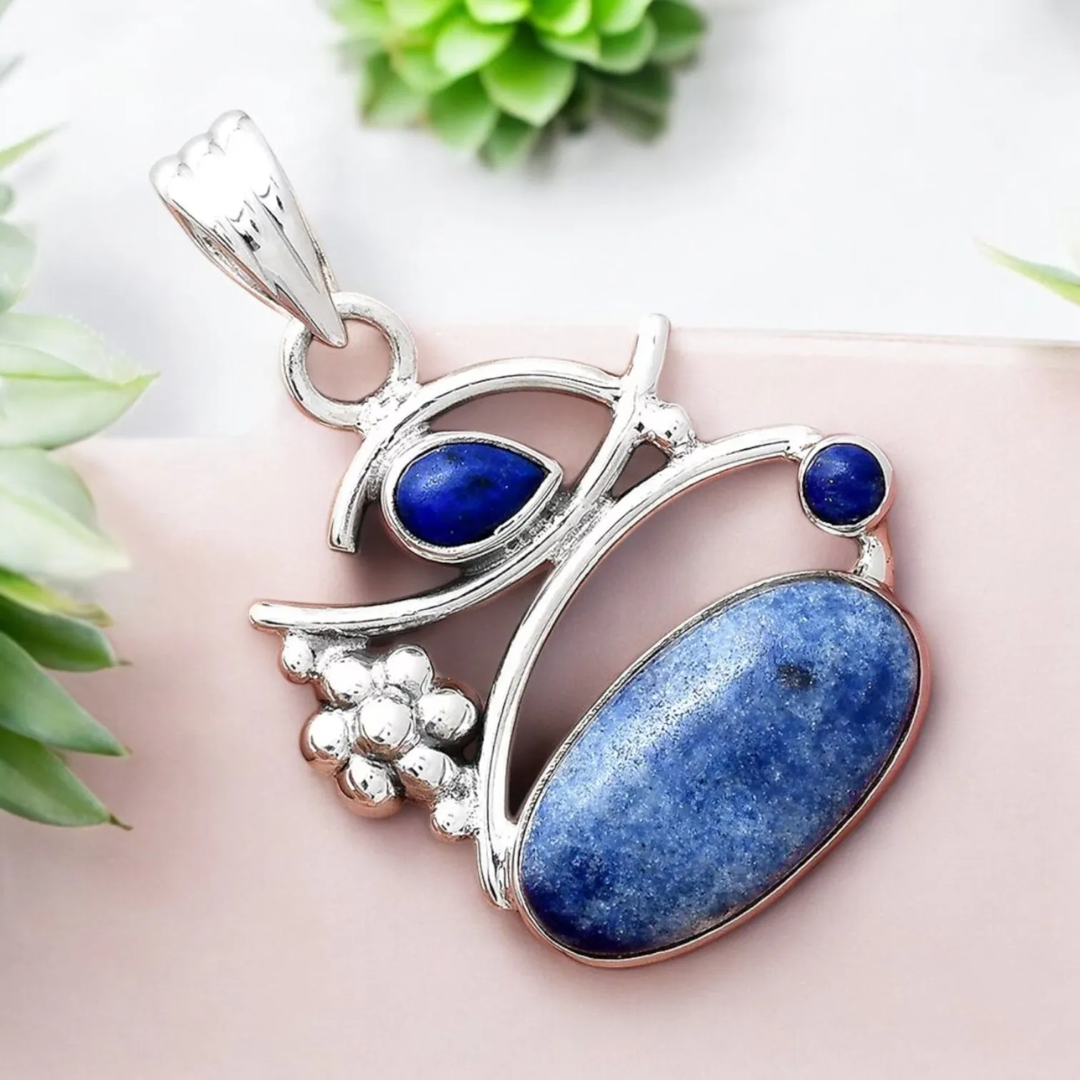 Blue Dumortierite Quartz & Lapis Solid 925 Sterling Silver Pendant