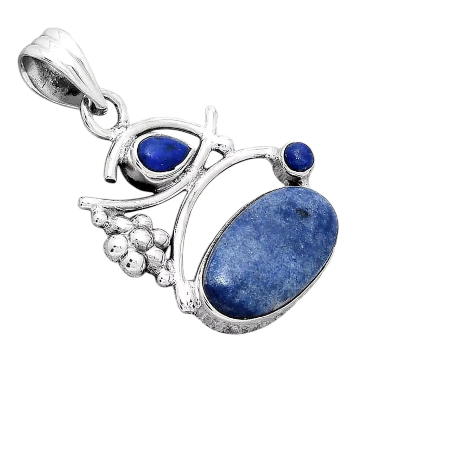 Blue Dumortierite Quartz & Lapis Solid 925 Sterling Silver Pendant