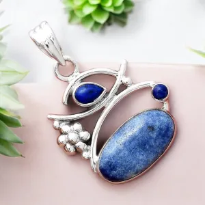 Blue Dumortierite Quartz & Lapis Solid 925 Sterling Silver Pendant