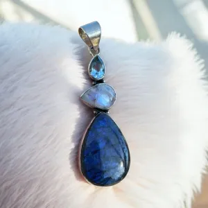 Blue Topaz, Moonstone & Labradorite Solid 925 Sterling Silver Pendant