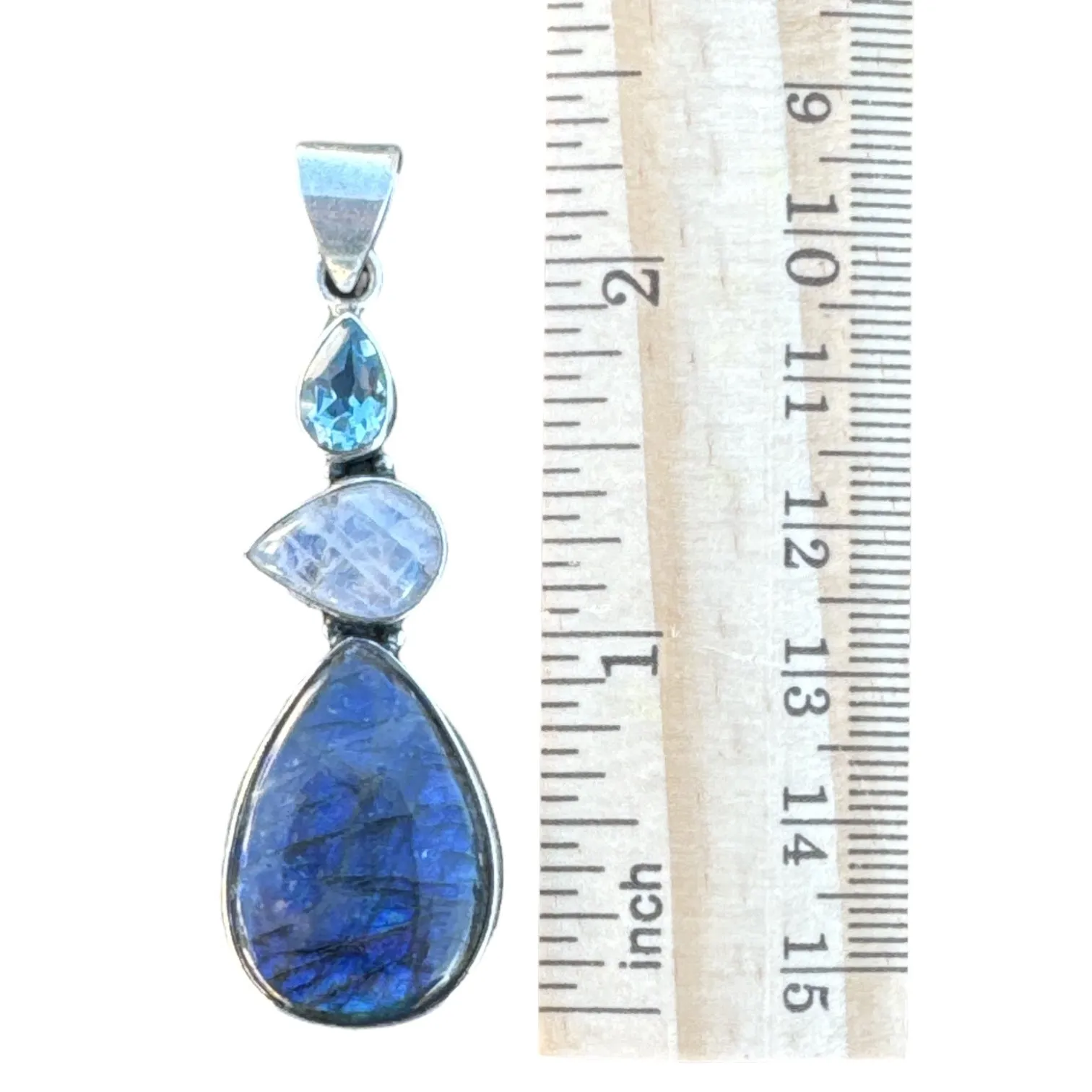 Blue Topaz, Moonstone & Labradorite Solid 925 Sterling Silver Pendant
