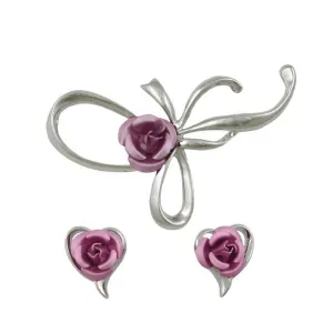 Bow with Pink Rose Pin and Pink Rose Stud Earring Set - PRL132BS