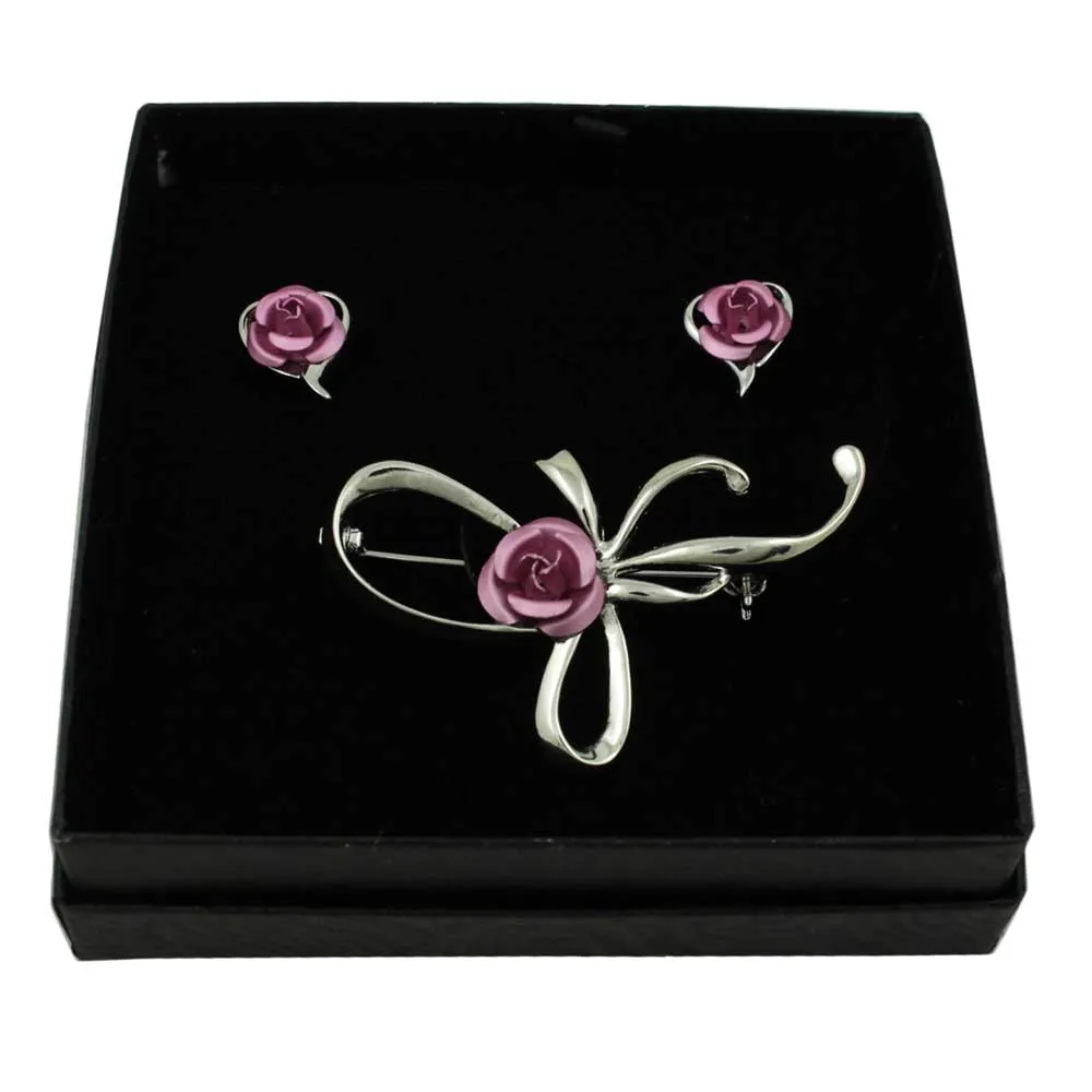Bow with Pink Rose Pin and Pink Rose Stud Earring Set - PRL132BS