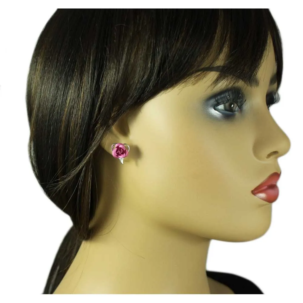 Bow with Pink Rose Pin and Pink Rose Stud Earring Set - PRL132BS