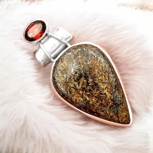 Bronzite & Garnet Solid 925 Sterling Silver Pendant