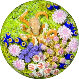 Cathy Richardson 2021 Flamework Glass Art Paperweight Octopus with Coral