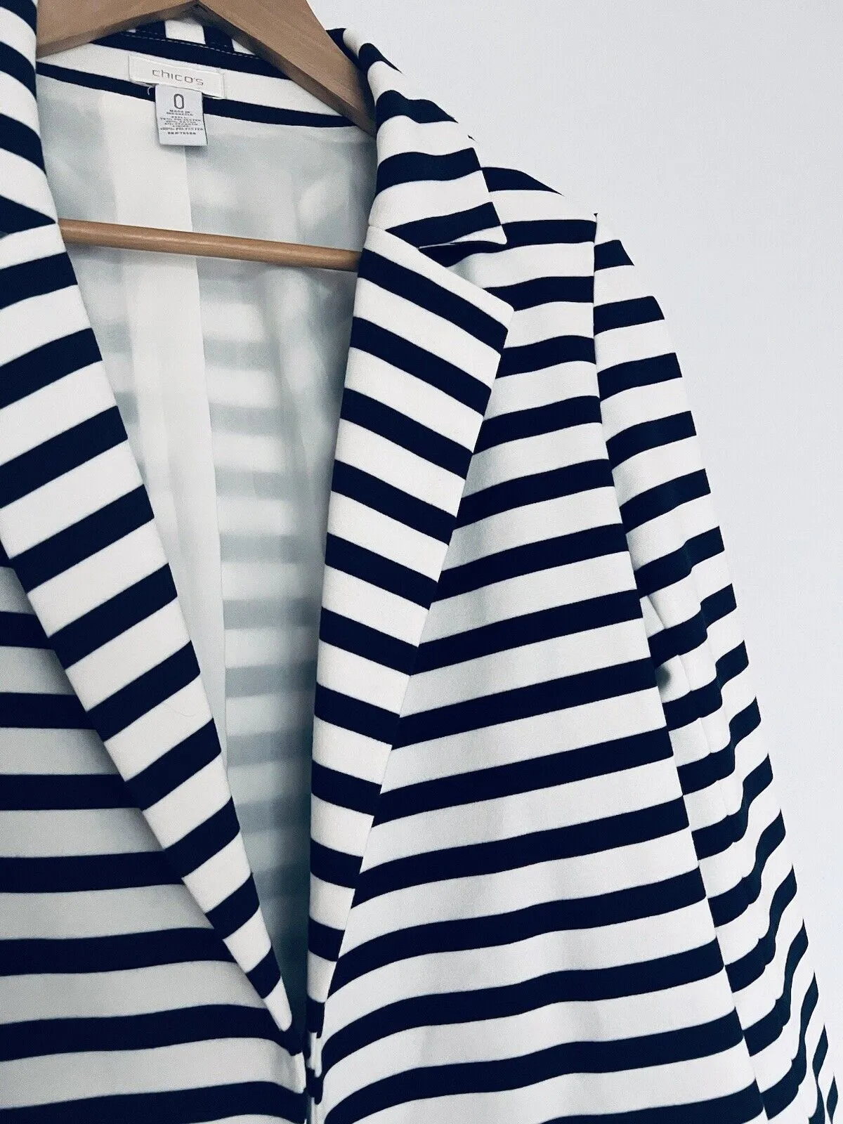CHICO’S Knit Blazer Jacket Sz Small Nautical Blue White Stripes Cropped