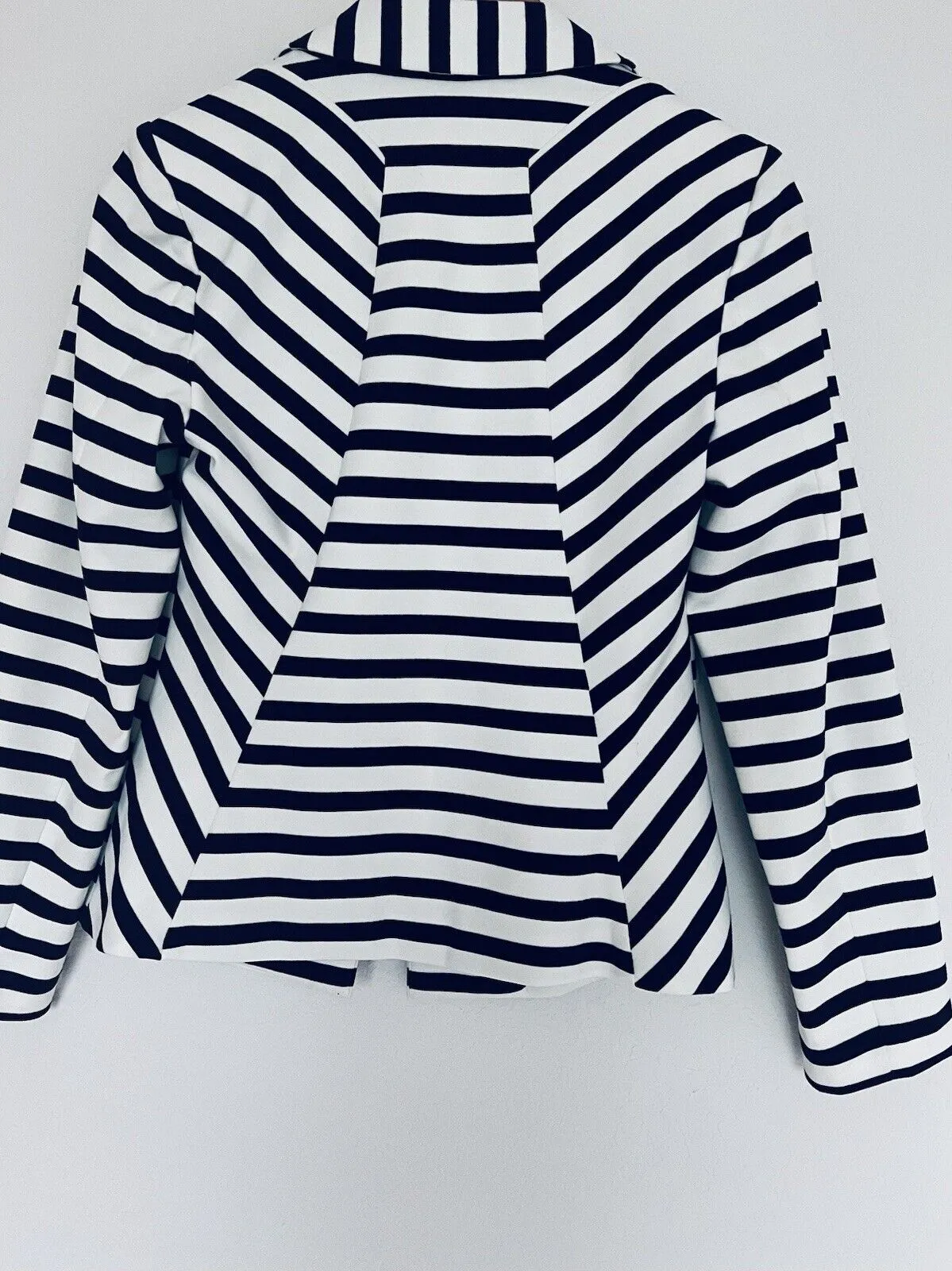 CHICO’S Knit Blazer Jacket Sz Small Nautical Blue White Stripes Cropped