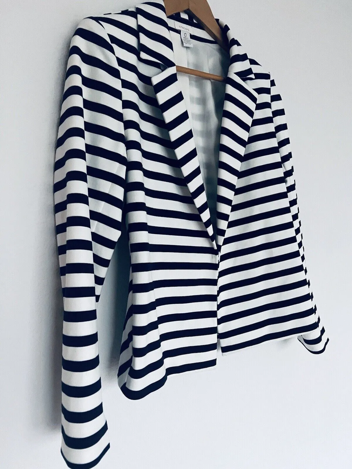 CHICO’S Knit Blazer Jacket Sz Small Nautical Blue White Stripes Cropped