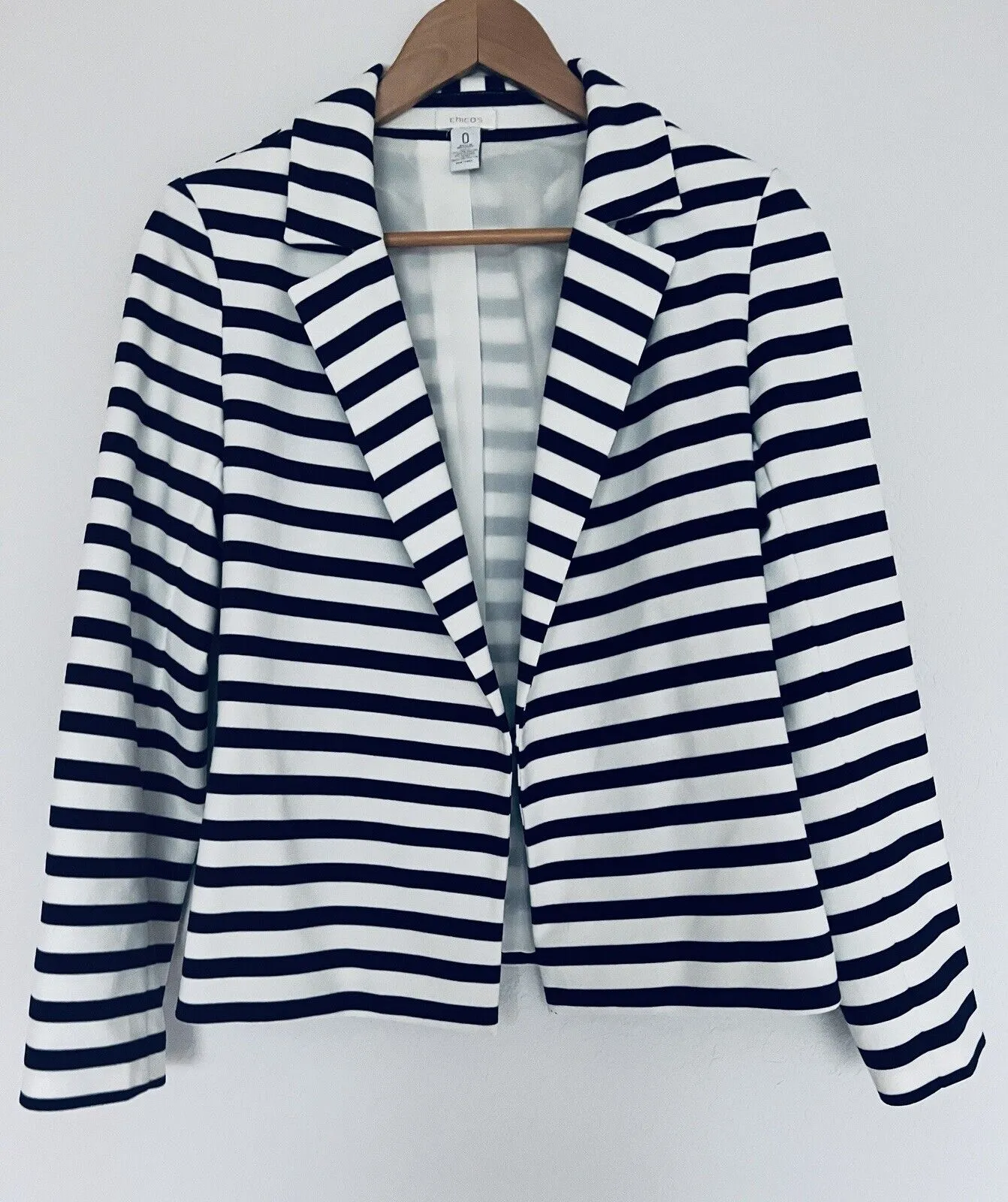 CHICO’S Knit Blazer Jacket Sz Small Nautical Blue White Stripes Cropped