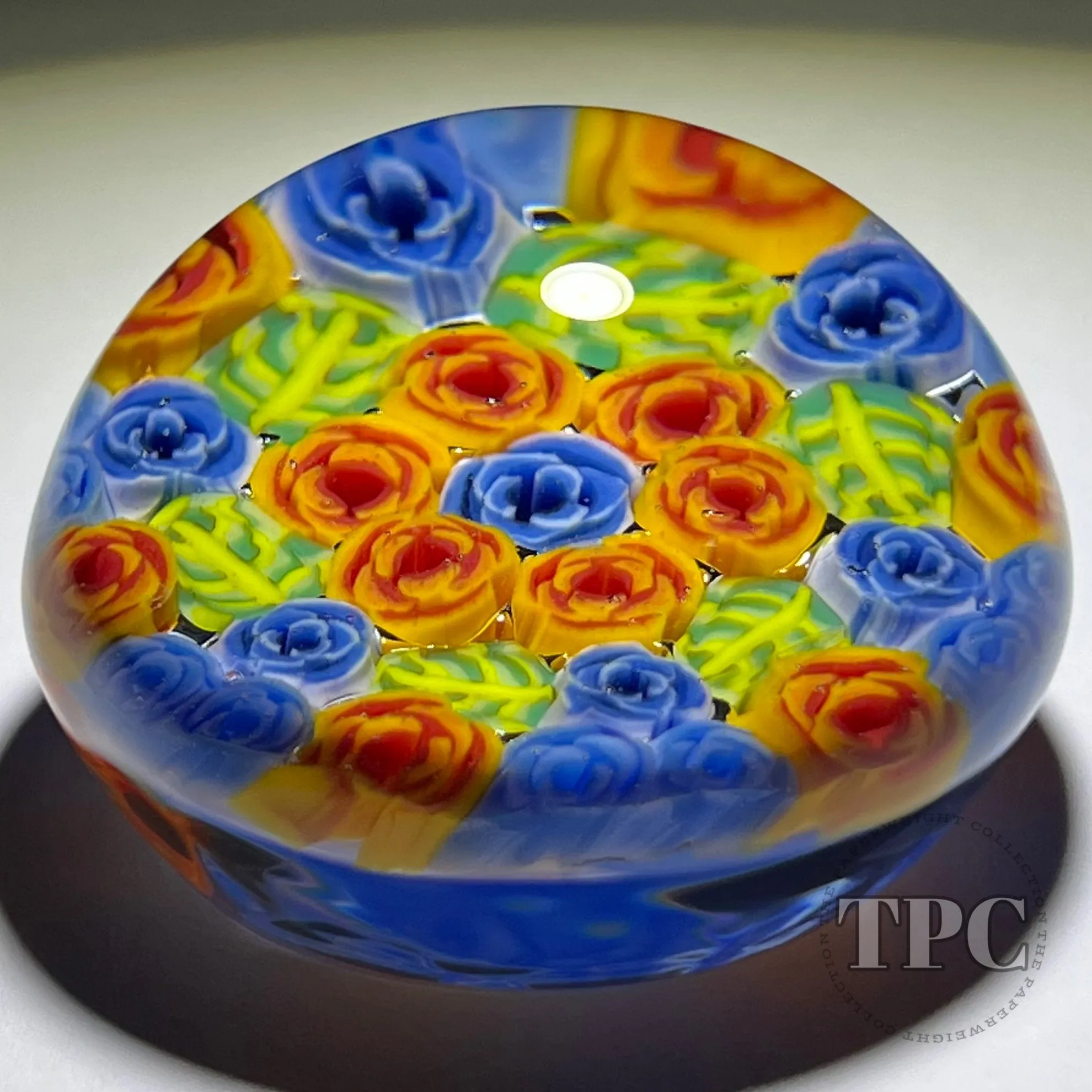 Christina Callahan Glass Art Paperweight Concentric Colorful Figural Murrine Leaves and Roses