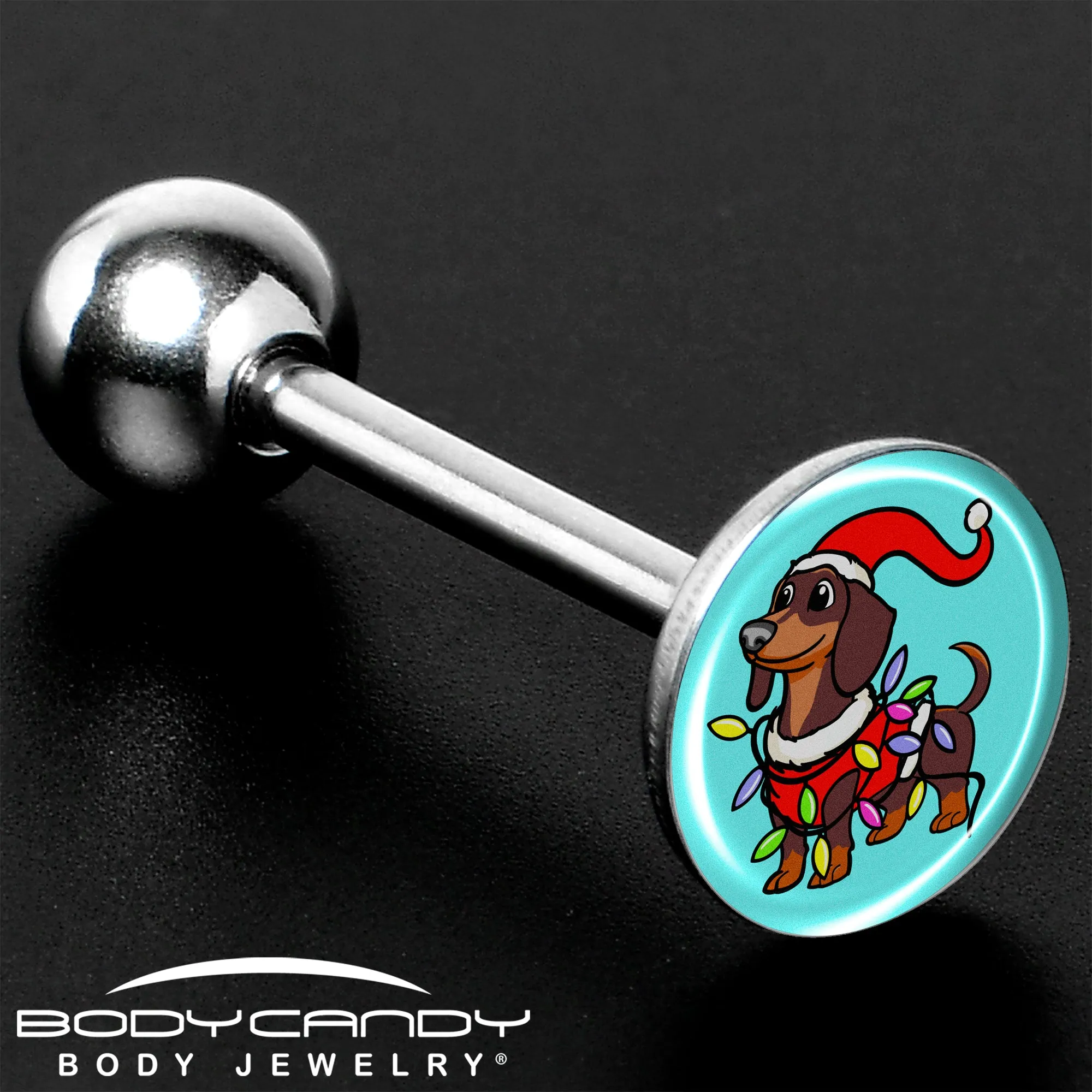 Christmas Holiday Weiner Dog Barbell Tongue Ring