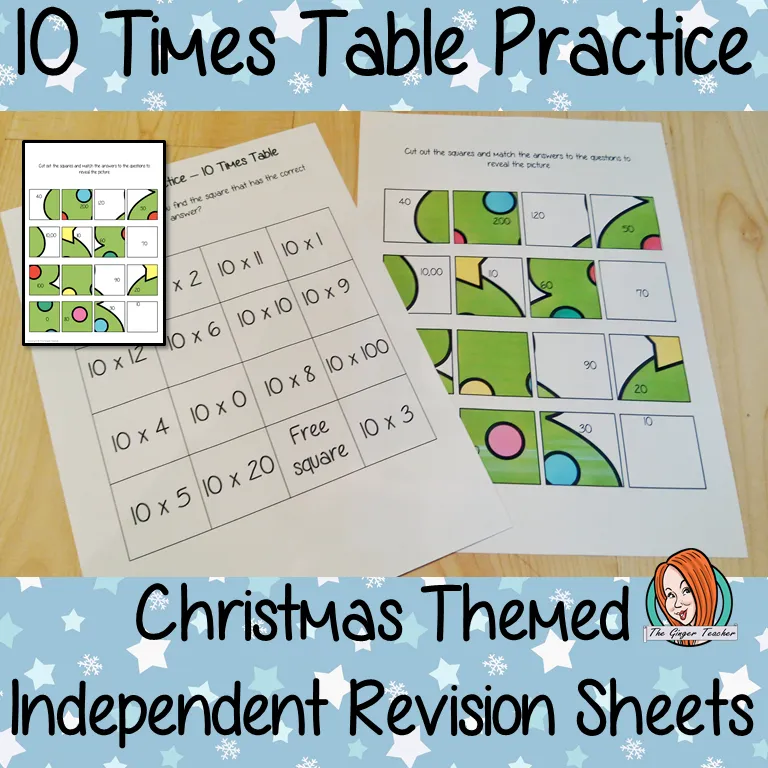 Christmas Themed Independent Multiplication Revision Sheets 10x