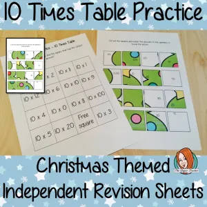 Christmas Themed Independent Multiplication Revision Sheets 10x