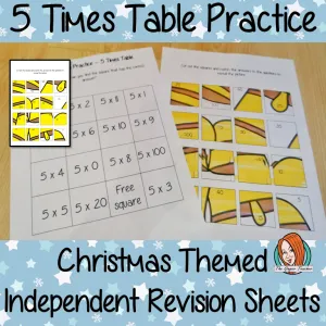 Christmas Themed Independent Multiplication Revision Sheets 5x