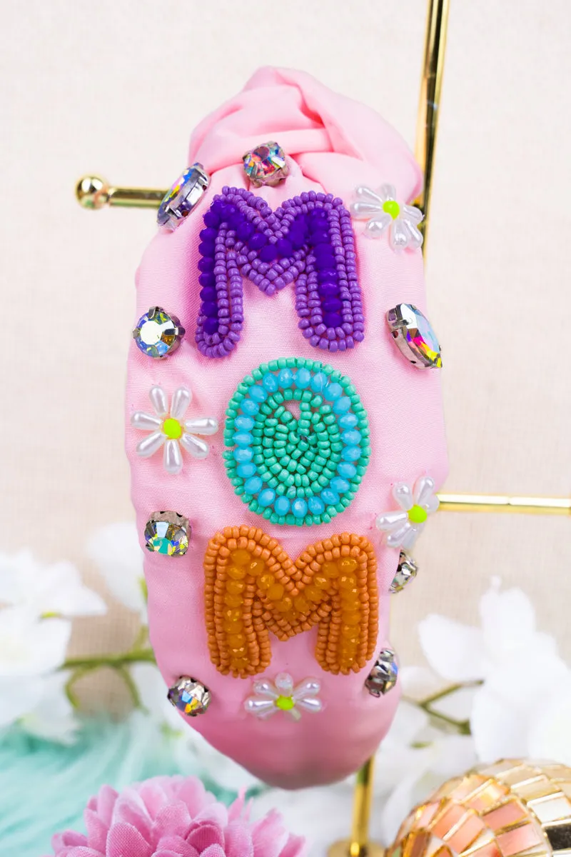 Colorful 'Cool Mom' Seed Bead Pink Knotted Headband