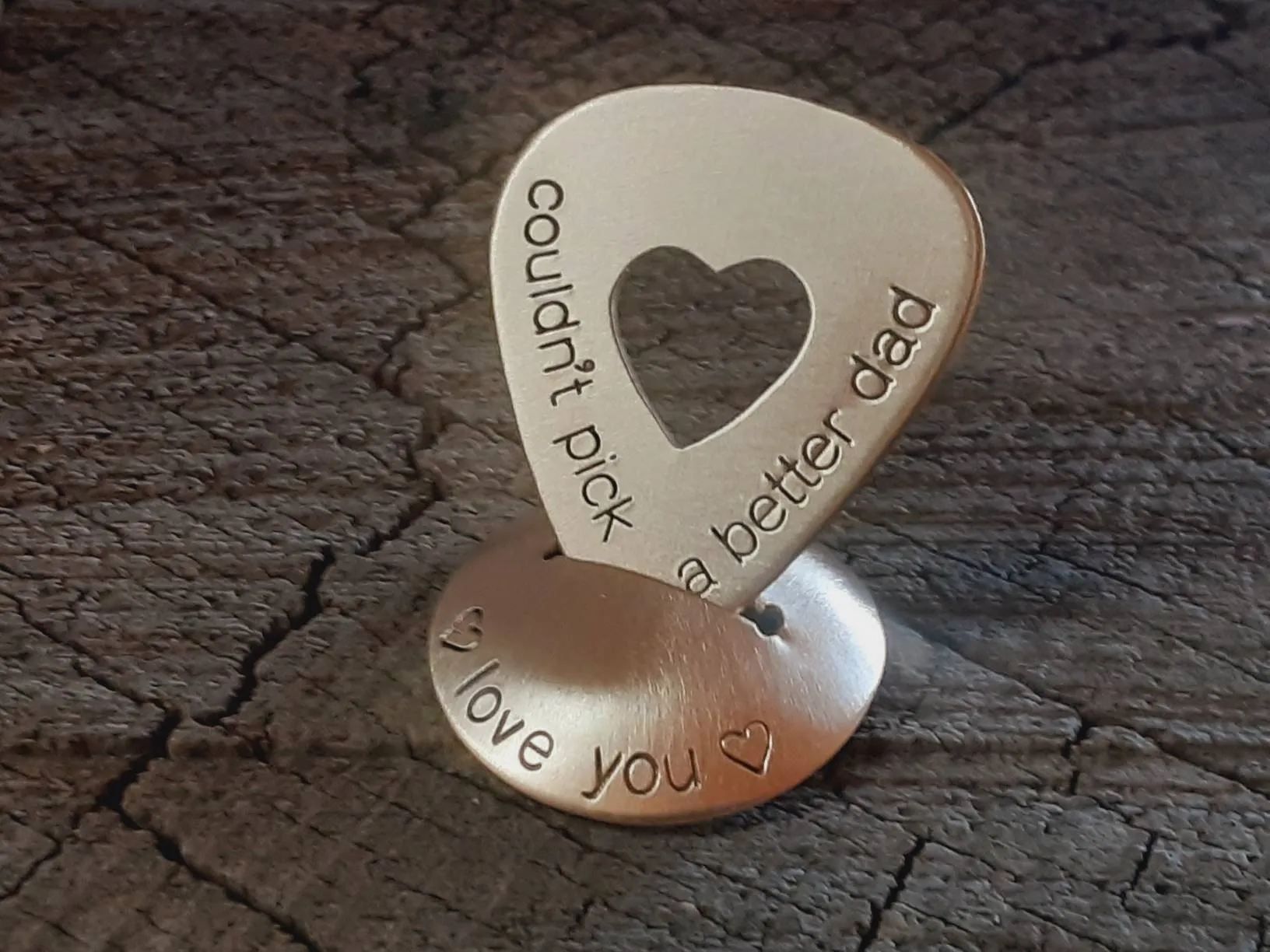 Dad themed guitar pick with stand in bronze