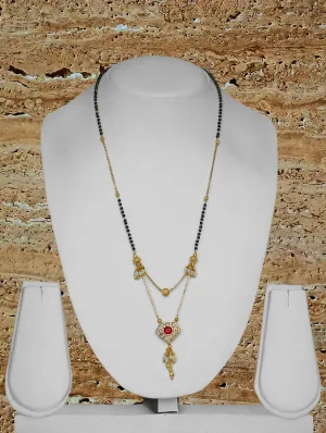 Diamond Pattern Short Mangalsutra Designs Red Stone Studded Gold Plated with Moti Latkan (24 Inches)