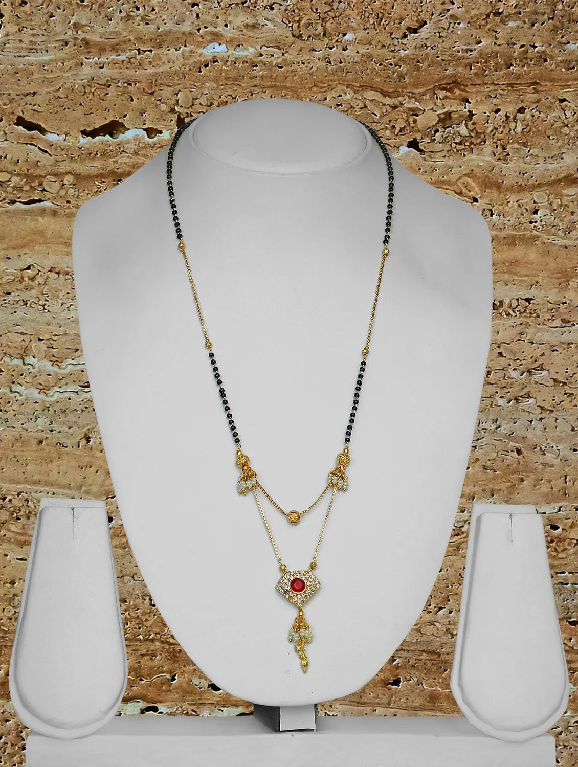 Diamond Pattern Short Mangalsutra Designs Red Stone Studded Gold Plated with Moti Latkan (24 Inches)