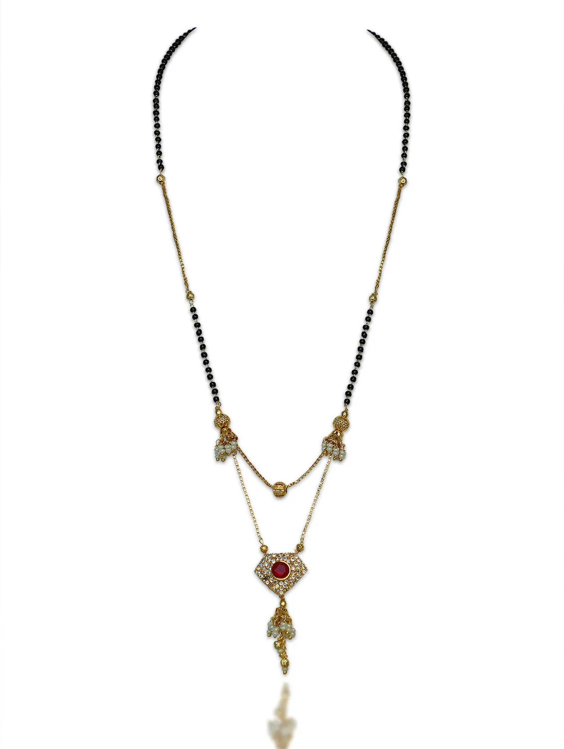 Diamond Pattern Short Mangalsutra Designs Red Stone Studded Gold Plated with Moti Latkan (24 Inches)