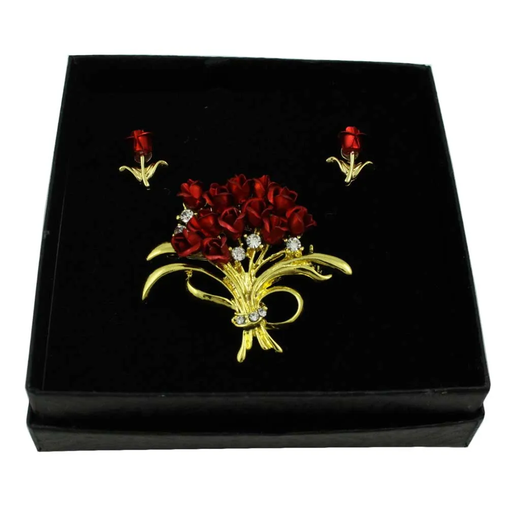 Dozen Red Roses Bouquet Brooch with Rose Earring Set - PRL005BS