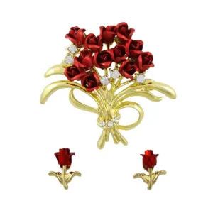 Dozen Red Roses Bouquet Brooch with Rose Earring Set - PRL005BS