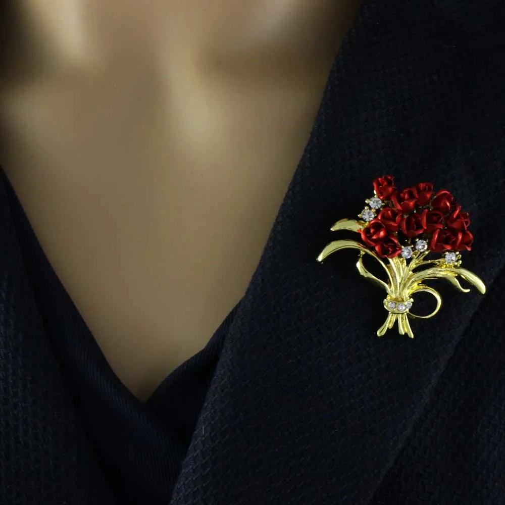Dozen Red Roses Bouquet Brooch with Rose Earring Set - PRL005BS