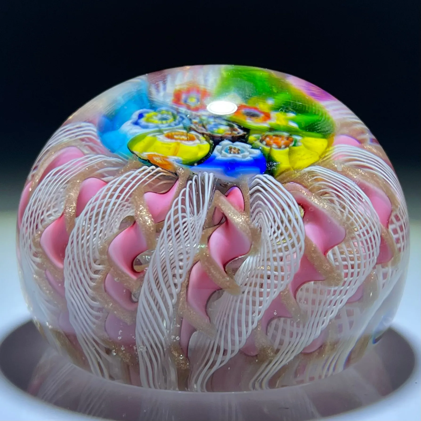 Early to Mid 20th Century Murano Millefiori Crown Paperweight with Pink Ribbon Twists