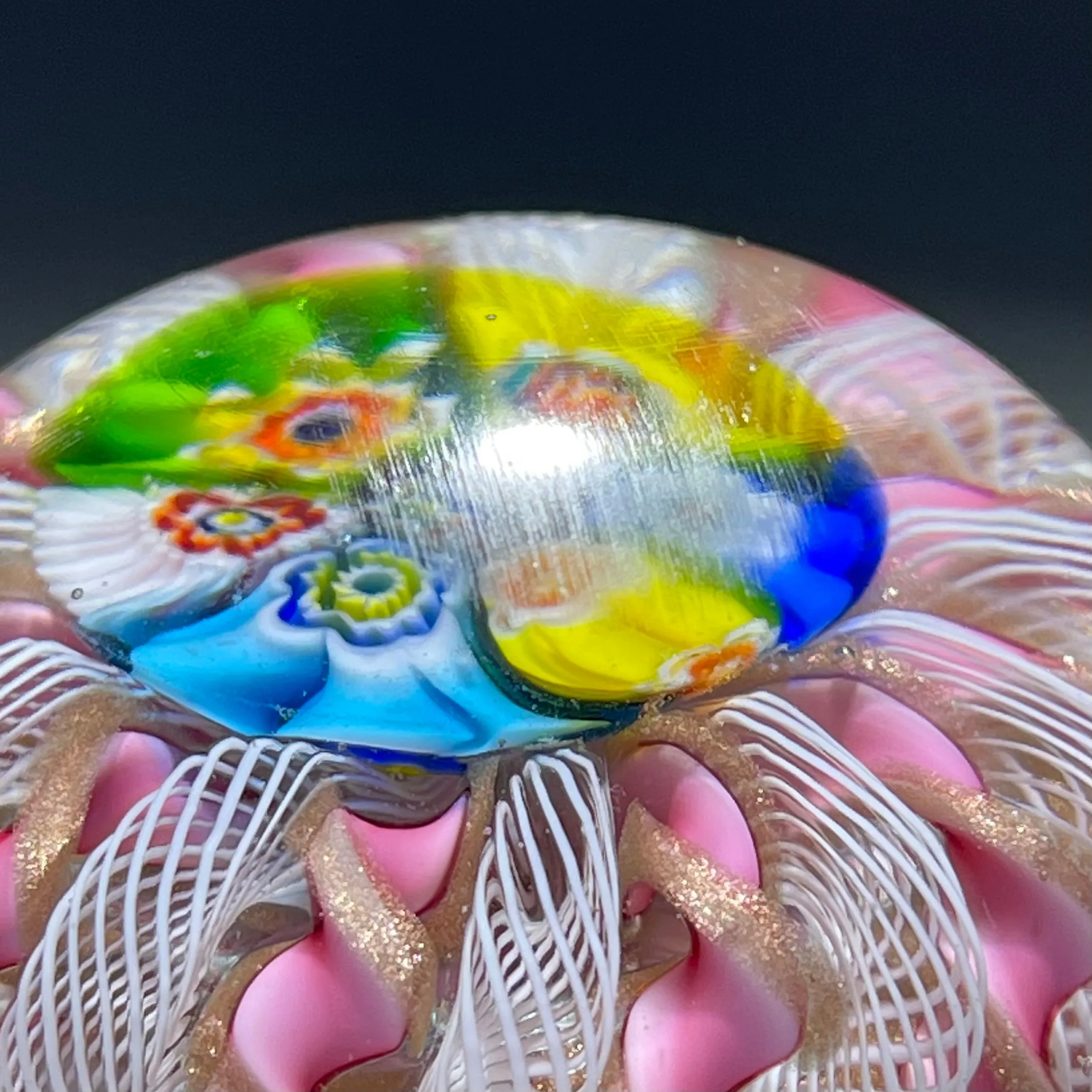 Early to Mid 20th Century Murano Millefiori Crown Paperweight with Pink Ribbon Twists