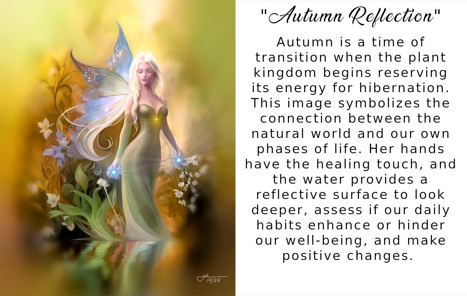 Fantasy Wall Art Print in Warm Golden Colors, Flowers Water and Fairy Artwork - "Autumn Reflections"