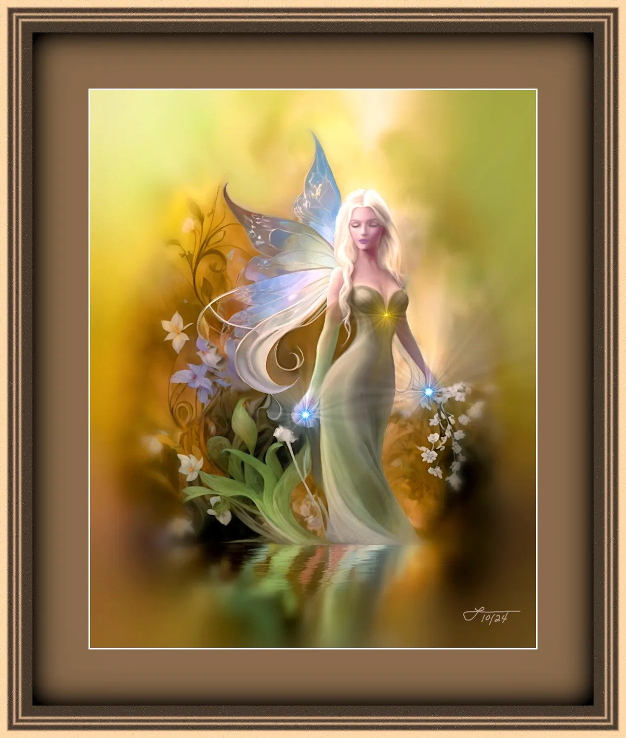 Fantasy Wall Art Print in Warm Golden Colors, Flowers Water and Fairy Artwork - "Autumn Reflections"