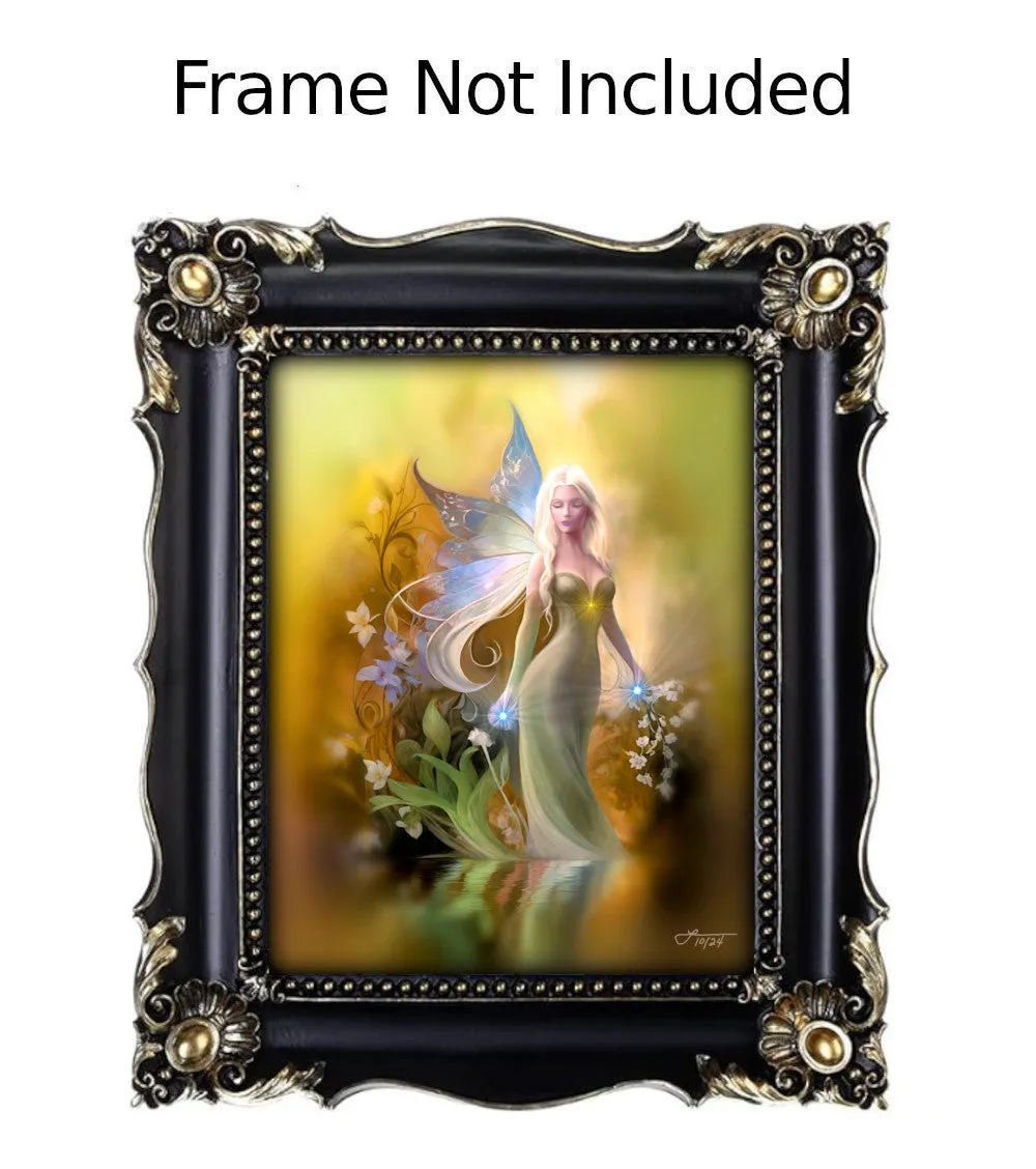 Fantasy Wall Art Print in Warm Golden Colors, Flowers Water and Fairy Artwork - "Autumn Reflections"