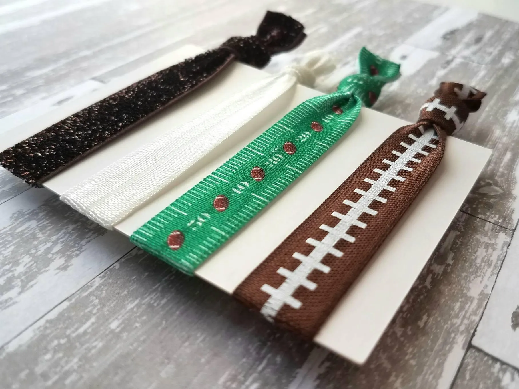 Football Hair Ribbon Set - elastic knot stretch tie accessory ponytail holder - sports laces field yard line fan mom powderpuff coach gift