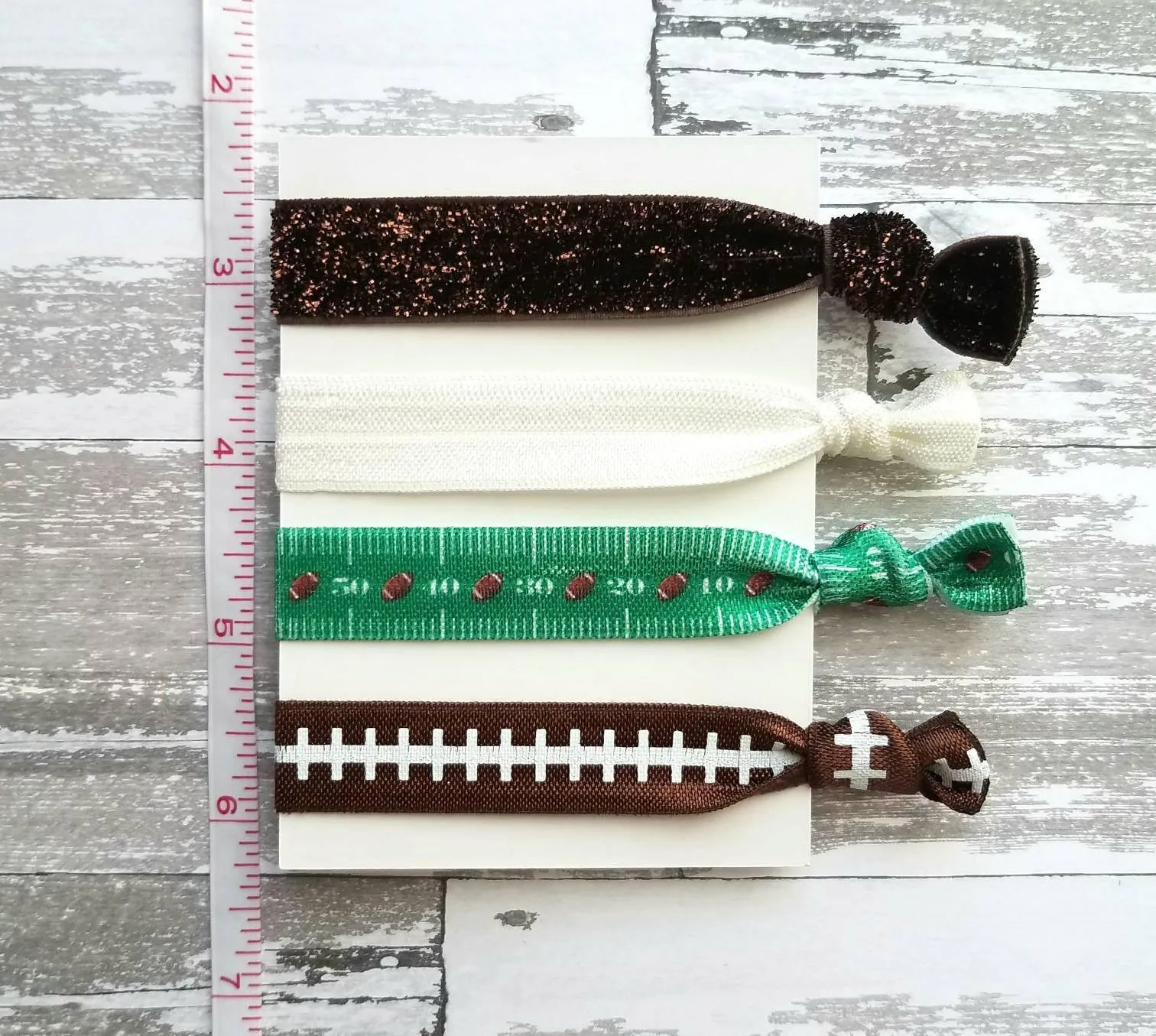 Football Hair Ribbon Set - elastic knot stretch tie accessory ponytail holder - sports laces field yard line fan mom powderpuff coach gift
