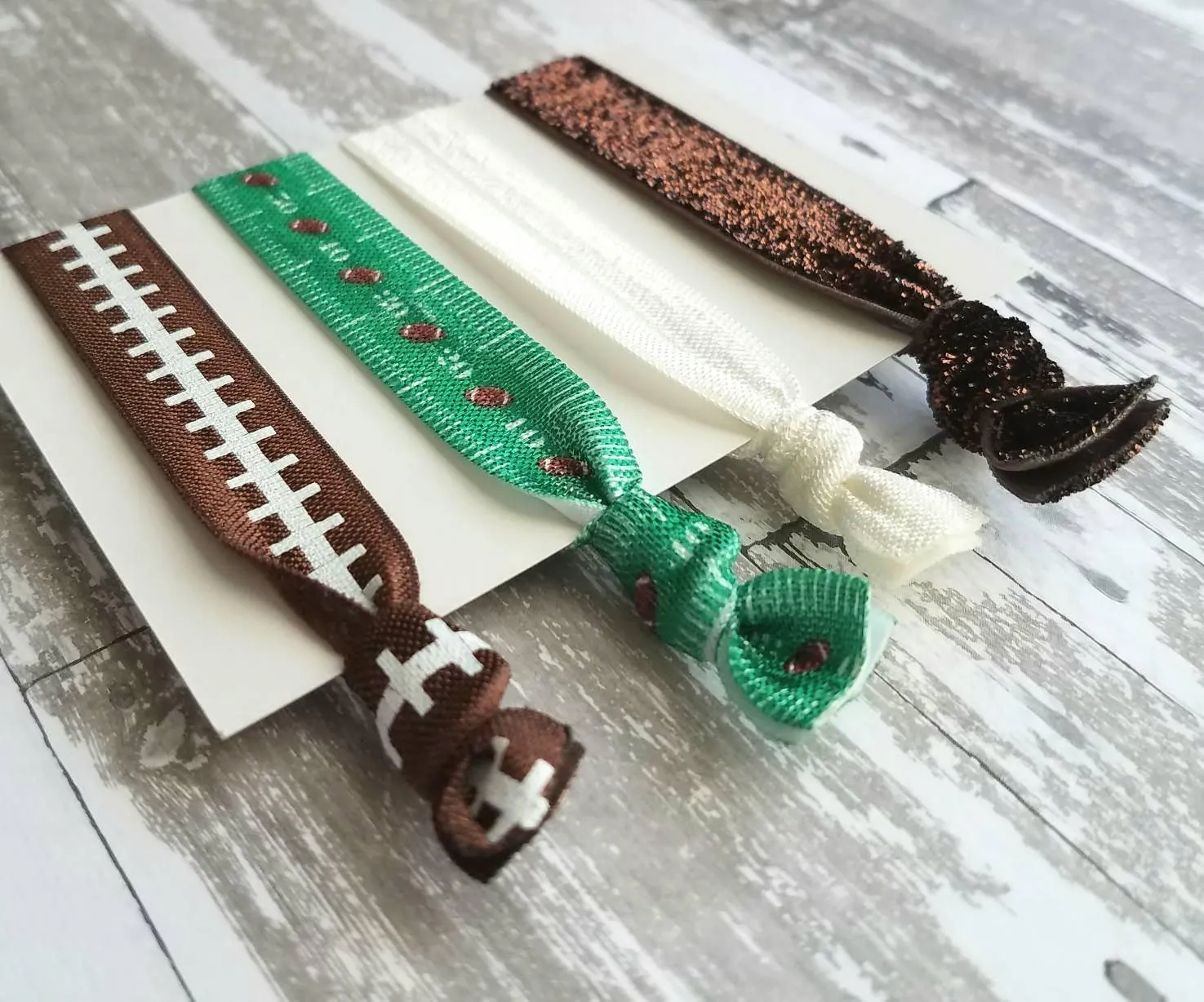 Football Hair Ribbon Set - elastic knot stretch tie accessory ponytail holder - sports laces field yard line fan mom powderpuff coach gift