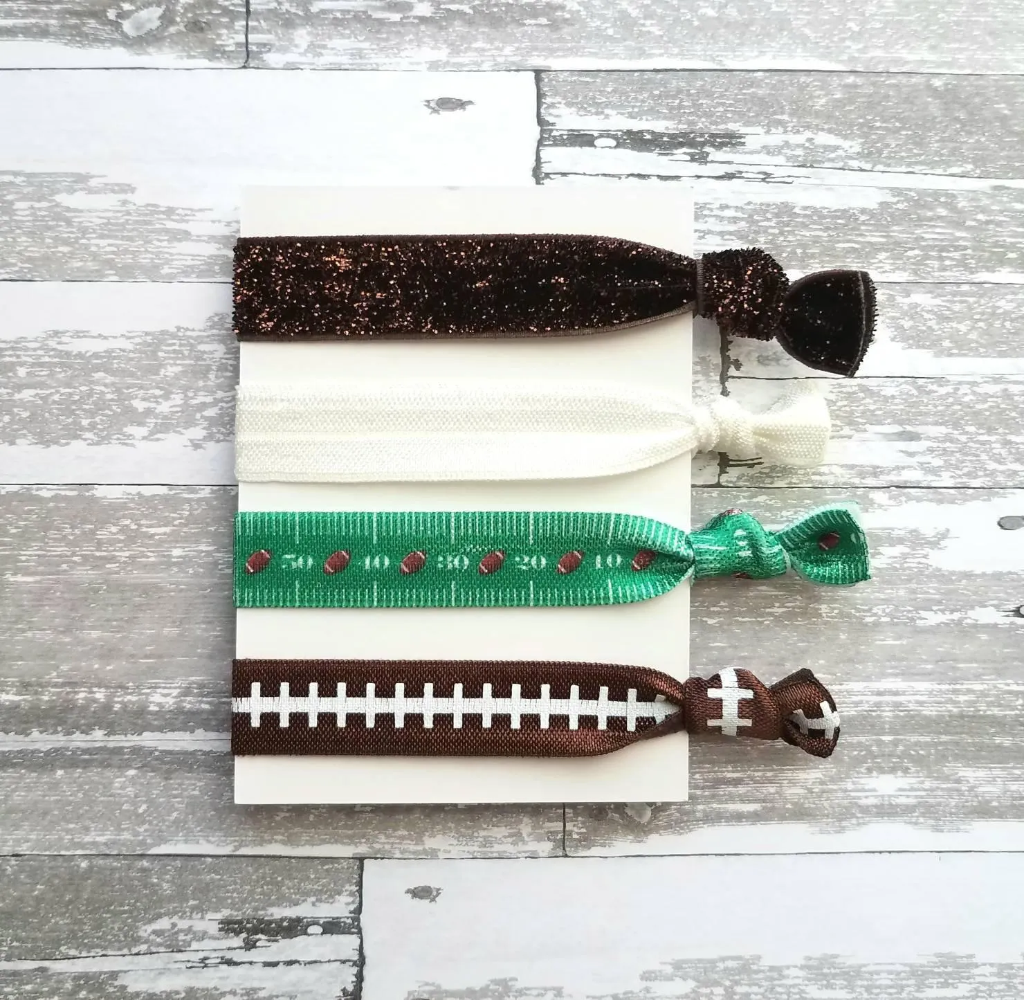Football Hair Ribbon Set - elastic knot stretch tie accessory ponytail holder - sports laces field yard line fan mom powderpuff coach gift