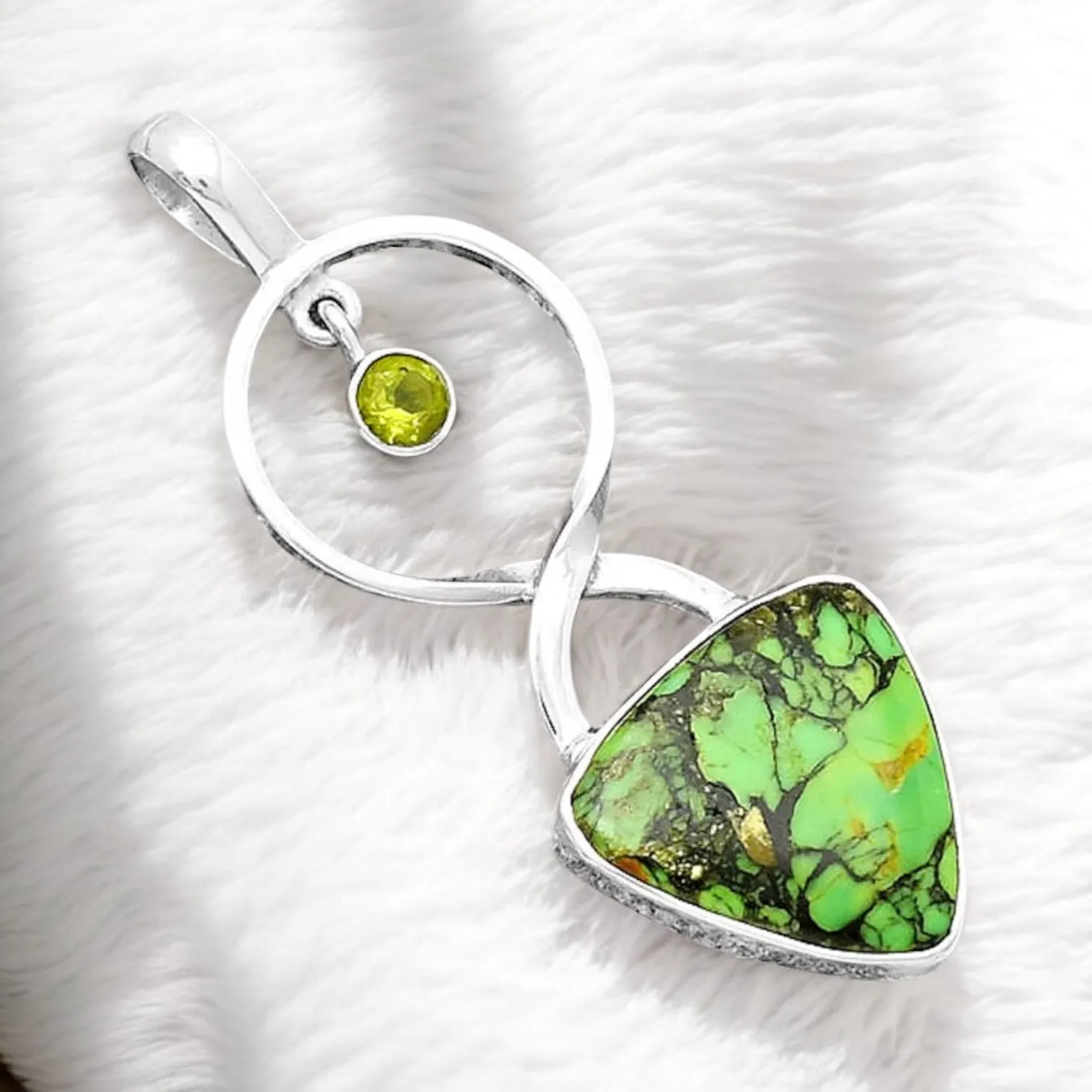 Green Mojave Turquoise & Peridot Solid 925 Sterling Silver Pendant