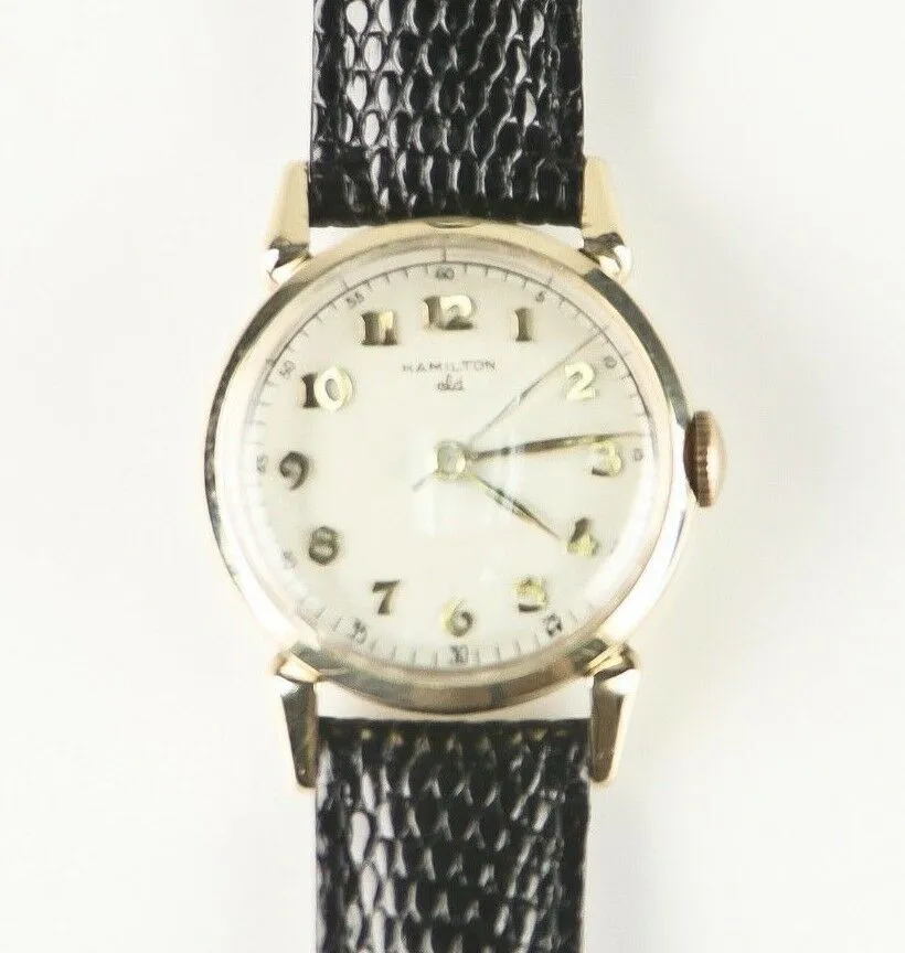 Hamilton Vtg 10k Yellow Gold Filled Mechanical Hand-Winding Watch Leather Band